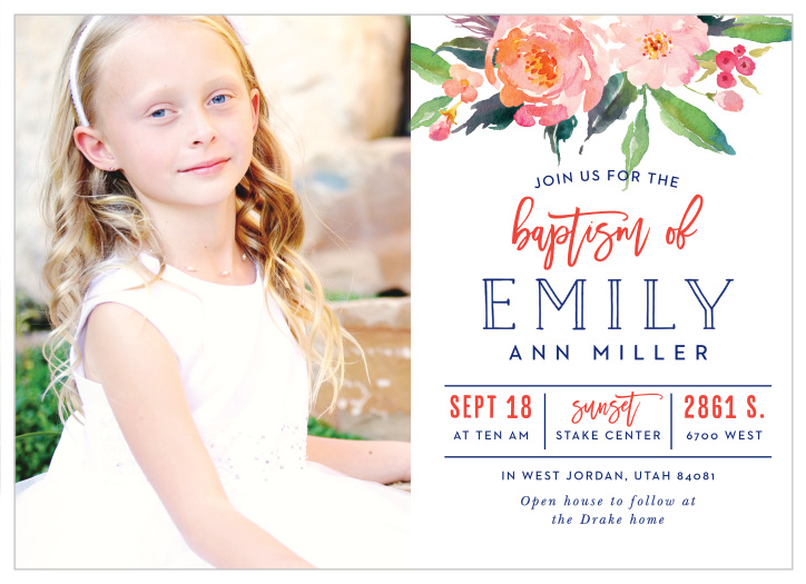 A lovely photo of your eight-year old covers the left half of our landscape-oriented Bold Bouquet LDS Baptism Invitations to make their purpose unmistakable. 