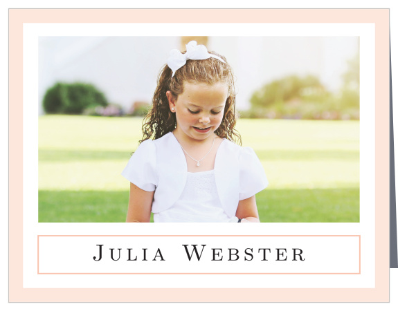 A pure white background surrounded by a thick, light coral pink border sets the tone for our traditional looking Moving On Girl LDS Baptism Thank You Cards. 