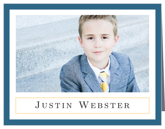 A pure white background surrounded by a thick, lagoon blue border sets the tone for our traditional looking Moving On Boy LDS Baptism Thank You Cards.