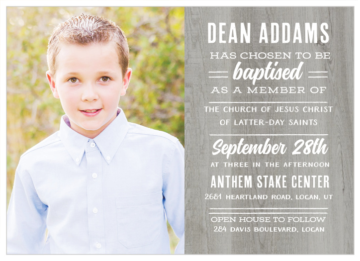 Rustic and retro meet in the Rural Woodgrain LDS Baptism Invitations.