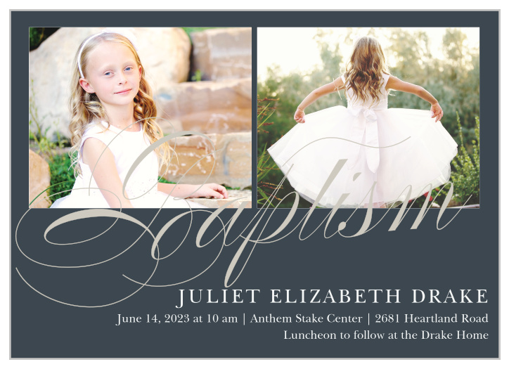 Subtle Script LDS Baptism Invitations are exquisitely designed, with their onyx gray backdrop and large, smoky gray swirled script.