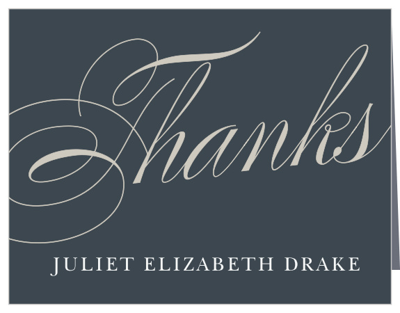 Script LDS Baptism Thank You Cards are exquisitely designed, with their onyx gray backdrop and large, smoky gray, swirled script.