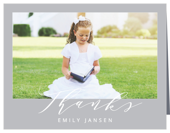 A photo of your lovely little one graces the front cover of our Calligraphy LDS Baptism Thank You Cards, while the gentle curve of the script below spells out your gratitude.