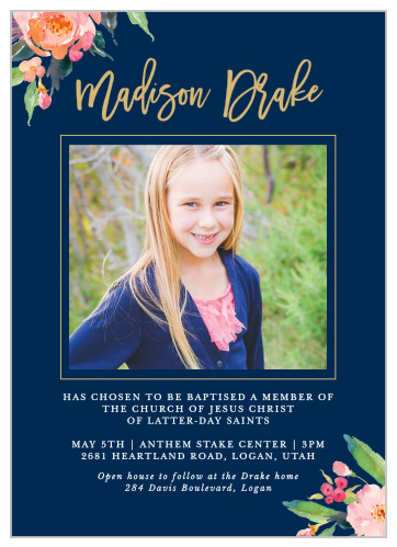 A rich, navy-blue background, together with floral corners and the careful calligraphy in the gold foil title, create a card that is as beautifully peaceful as it is practical.