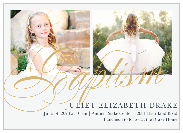 Script Foil LDS Baptism Invitations are exquisitely designed, with their pure white backdrop and large, gold-foiled, swirled script.