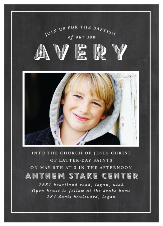 Invite your loved ones to come and watch your child wash off the dust of the past with Cheery Chalkboard Photo LDS Baptism Invitations.