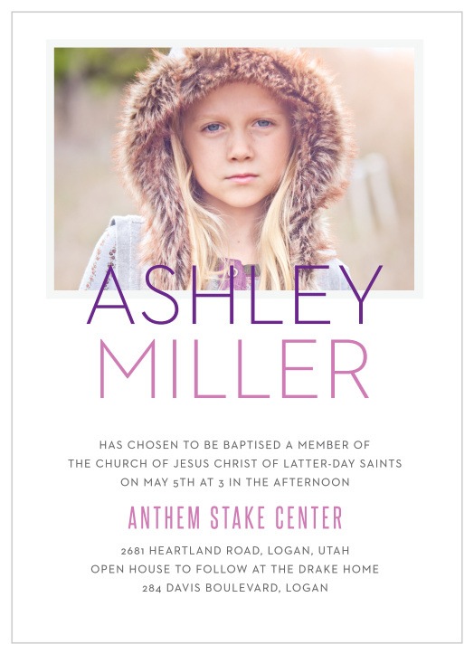 Your little girl is going to feel beautiful and sophisticated with our modern Colorful Names Girl LDS Baptism Invitations.