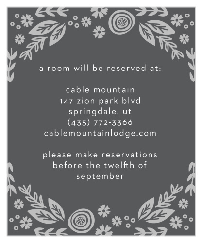 Let guests know when and where to make hotel reservations with the Gardens Abound Foil Accommodation Cards.