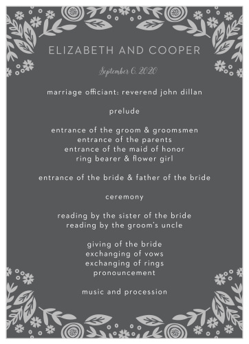 The Gardens Abound Foil Wedding Programs’ completely customizable design features charming florals.