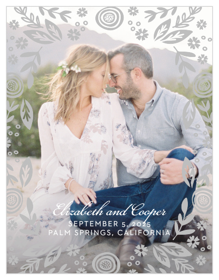 Overlay your photo with the whimsical flowers of the Gardens Abound Foil Save-the-Date Magnets.