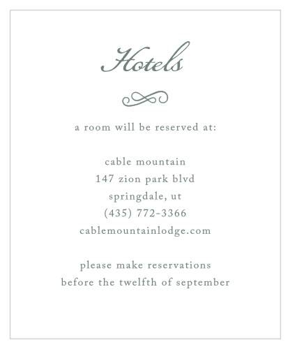 Ensure that your guests are as comfortable in the days surrounding your wedding as possible with our Rustic Elegance Accommodation cards: recommend your personal favorites with the elegantly calligraphed title, antique print, and blue-green color scheme.