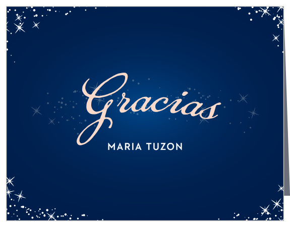 The Sparkle Dust Thank You Cards are artfully dusted with illustrations of sparkles across a luminous background that has a caribbean blue center slowly transitioning into a deep sea blue.
