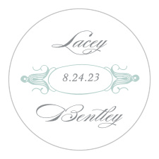 Our stickers, with just a flash of sky-blue, an elaborate cursive for your names, and an antique-style print for listing your wedding date, are your perfect multi-use seal.