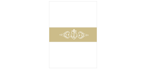 A delicately adorned, antique, anchor emblem colored in an ornate pseudo gold is the treasure of High Seas Belly Bands from the Love vs. Design collection by Basic Invite.