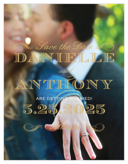 Announce your wedding date with the style of times gone by using the Lovely Vintage Foil Save-the-Date Cards. 