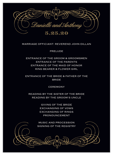 Ornate scallops and swirls frame your text on the Lovely Vintage Foil Wedding Programs.