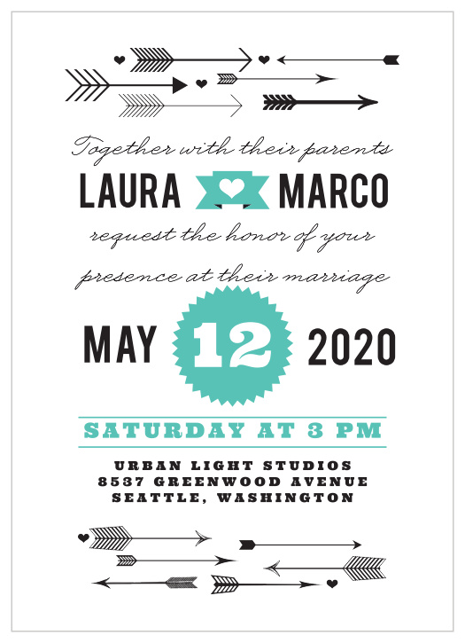 From the Love vs. Design collection by Basic Invite comes the Love Struck Wedding Invitations, an elaborate take on cupid's arrow!