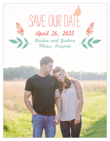 The Love Birds Save-the-Date Magnets will give your guests the illusion of being in an enchanted garden, rousing in them feelings of both wonder and delight. 