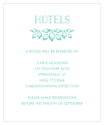 A vintage "Hotels" heads the card, adorned with deep aqua, intricate botanical accents contrasted against a white background. 