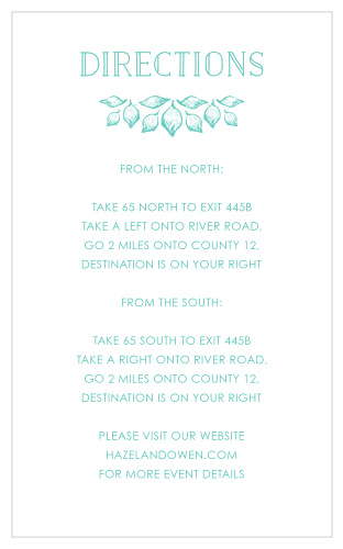 A vintage "Directions" heads the card, adorned with deep aqua, intricate botanical accents contrasted against a white background.