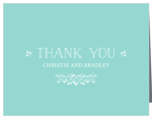 A vintage "Thank You" heads the card, adorned with white, intricate botanical accents contrasted against a deep aqua background.
