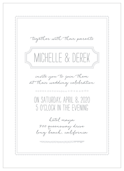A careful combination of pseudo silver and dolphin grey done up in frames and varying fonts gives the Keep It Simple Wedding Invitations a sophisticated feel, while still maintaining its minimalist design.