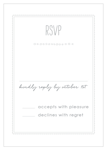 A careful combination of pseudo silver and dolphin grey done up in frames and varying fonts gives the Keep It Simple Response Cards a modern, sophisticated feel, while still maintaining i's minimalist design. 