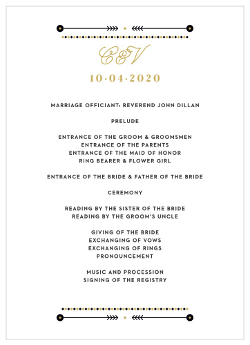 A gold script titles our Modern Story Wedding Programs, and all of the text is confined within a few layered, artful accents, further decorating the simple card.