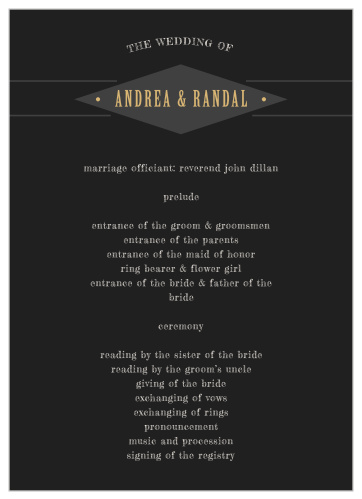 We've set the title of our Diamond Field Foil Wedding Programs in a shining gold foil and placed it atop an elongated diamond, all above the text detailing each moment of your ceremony.