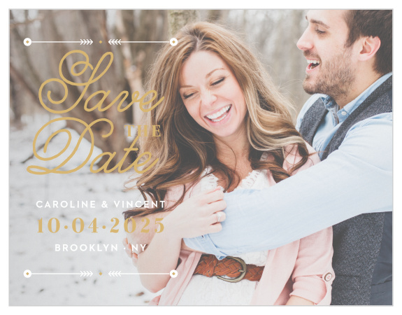 Vintage accents border an elegant, swirling, gold foiled script atop your gorgeous engagement photo for our Modern Story Foil Save-the-Date Magnets.