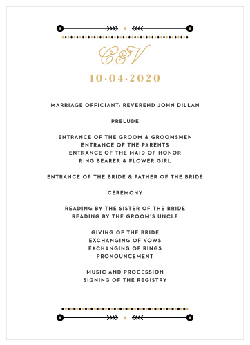 A gold foiled script titles our Modern Story Foil Wedding Programs, and all of the text is confined within a few layered, artful accents, further decorating the simple card.