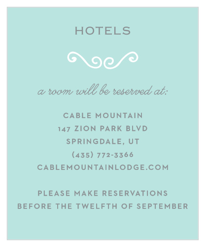 A chic, white, swirling accent and a touch of curling calligraphy sit atop a glass blue background for the Classy & Curly Accommodation Cards.