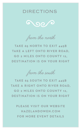 A chic, white, swirling accent and a touch of curling calligraphy sit atop a glass blue background for the Classy & Curly Direction Cards.