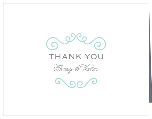 A chic, glass blue, swirling accent and a touch gives the Classy & Curly Thank You Cards their flair. 