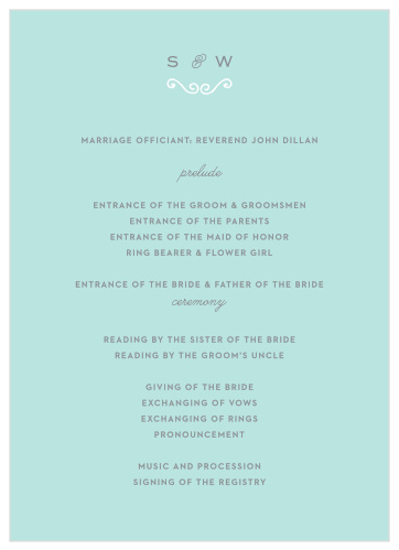 A chic, white, swirling accent and a touch of curling calligraphy sit atop a glass blue background for the Classy & Curly Wedding Programs