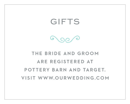 A chic, glass blue, swirling accent and a touch gives the Classy & Curly Registry Cards their flair.