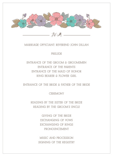 The details of the ceremony are done up in a pseudo bronze, with a a fairytale-esque script heading and whimsical, multicolored flowers along the top of the Proper Painterly Wedding Programs.