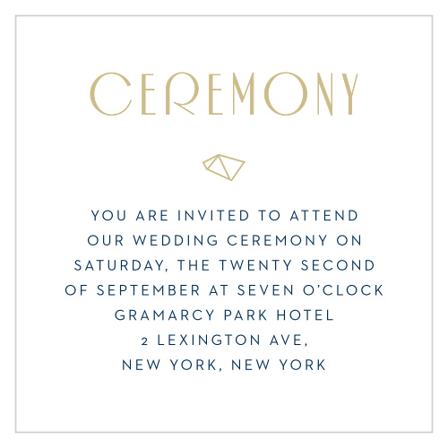 The heading of the Modern Deco Ceremony Cards is done up in a large retro pseudo gold typeface with an asymmetrical diamond accent set against a white background.