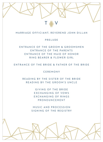 Retro, pseudo gold diamonds are tastefully scattered across the edges of the Modern Deco Wedding Programs, with a simple, modern monogram decorating the front and back.