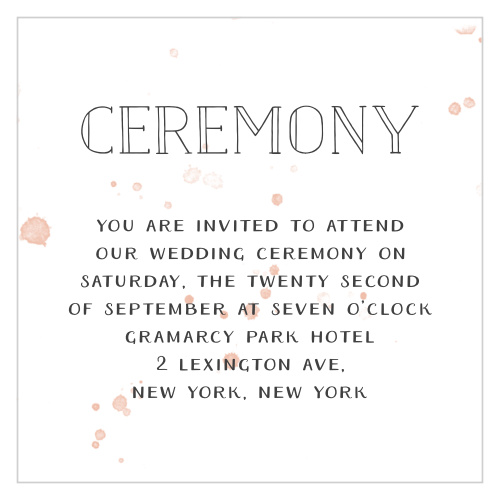 The Brooklyn Loft Ceremony Cards are decorated with graphics of artfully applied watercolor splatters.