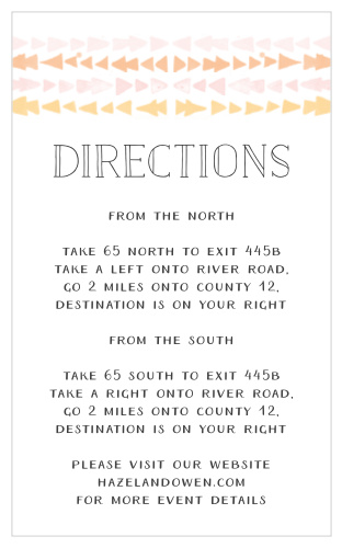 The Brooklyn Loft Direction Cards are decorated with graphics of watercolored geometric designs in shades of orange, pink, and yellow.