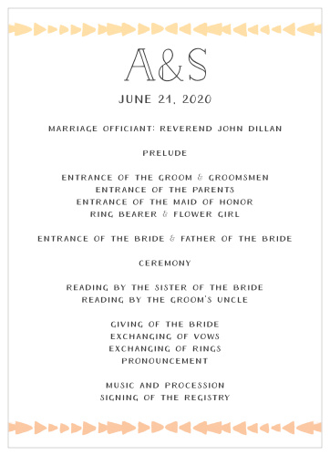 The Brooklyn Loft Wedding Programs are decorated with graphics of watercolored geometric designs in shades of orange and yellow.