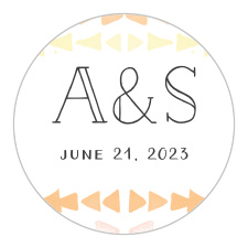 The Brooklyn Loft Wedding Stickers are decorated with graphics of watercolored geometric designs in shades of orange, pink, and yellow.