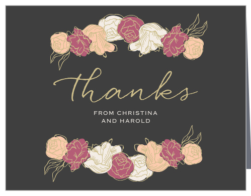 Stunning, multi-colored, rose blooms with gold accents adorn the Elegant Blooms Thank You Cards.