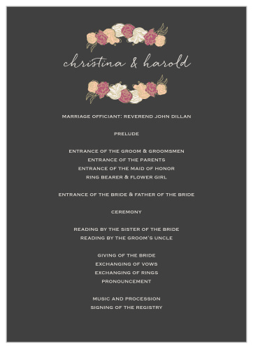 Stunning, multi-colored, rose blooms with gold foiled accents adorn the edges of the Elegant Blooms Wedding Programs.