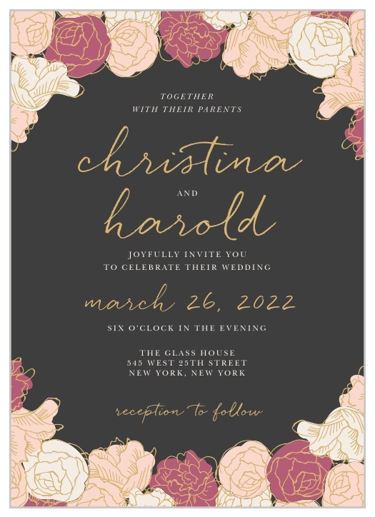Stunning, multi-colored, rose blooms with gold foiled accents adorn the edges of the Elegant Blooms Foil Wedding Invitations.