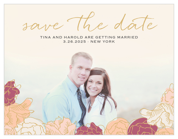 Stunning, multi-colored, rose blooms with gold foiled accents adorn the bottom of your engagement photo for the Elegant Blooms Foil Save-the-Date Magnets.