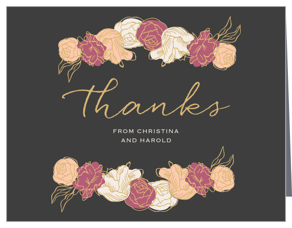 Stunning, multi-colored, rose blooms with gold foiled accents adorn the Elegant Blooms Foil Thank You Cards.