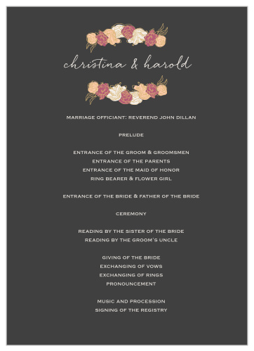 Stunning, multi-colored, rose blooms with gold foiled accents adorn the edges of the Elegant Blooms Foil Wedding Programs.