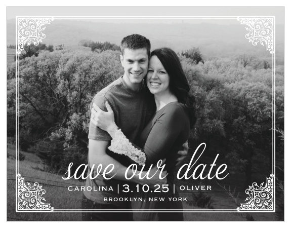 The Fine Line Save-the-Date Cards have a fine, white frame, edged in a victorian design and a lovely, swirling calligraphy sitting atop your own gorgeous engagement photo.
